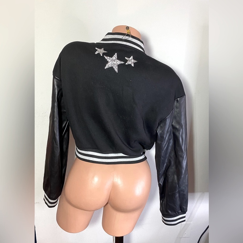 SHEIN Cropped Varsity Style Jacket Black Custom Patch-Work Size M - Picture 8 of 12